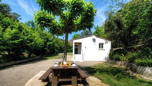 A picnic table set up with breakfast items in a garden area with a white building in the background. - Ponte - SAN NICOLAO - Gîte (SAN NICOLAO)