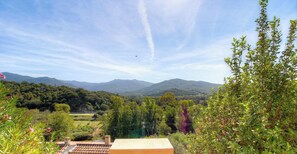 Blick auf eine gebirgige Landschaft mit blauem Himmel, Stromleitungen und einem Gebäude mit einem Ziegeldach.