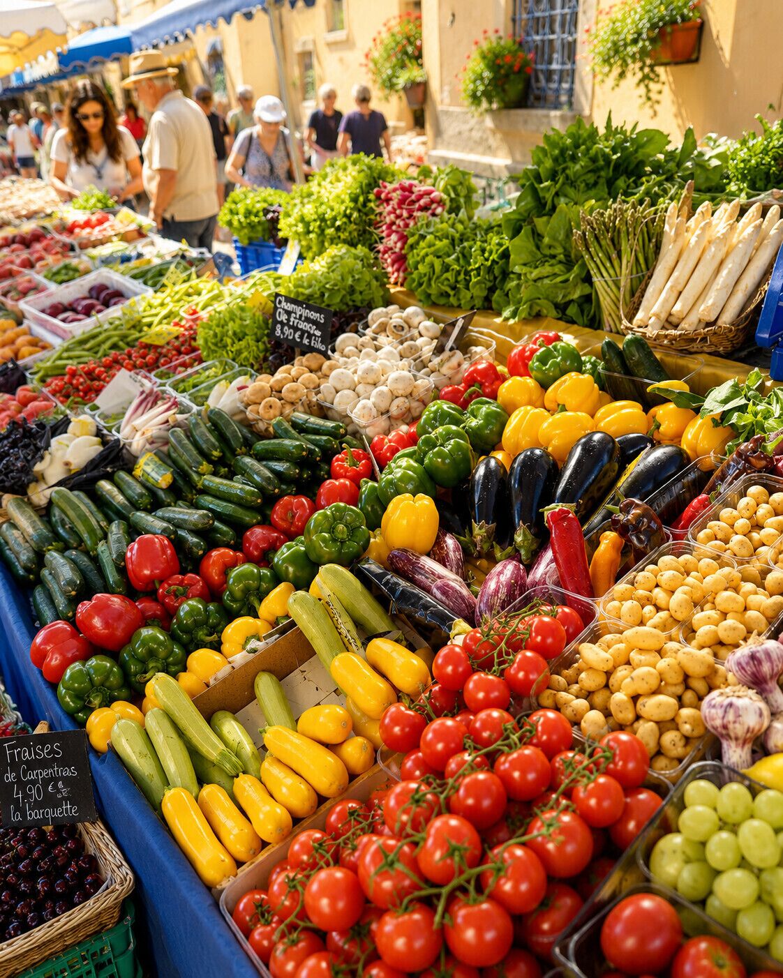 Un étal de marché proposant une variété de légumes et de fruits frais, notamment des tomates, des concombres et des poivrons.