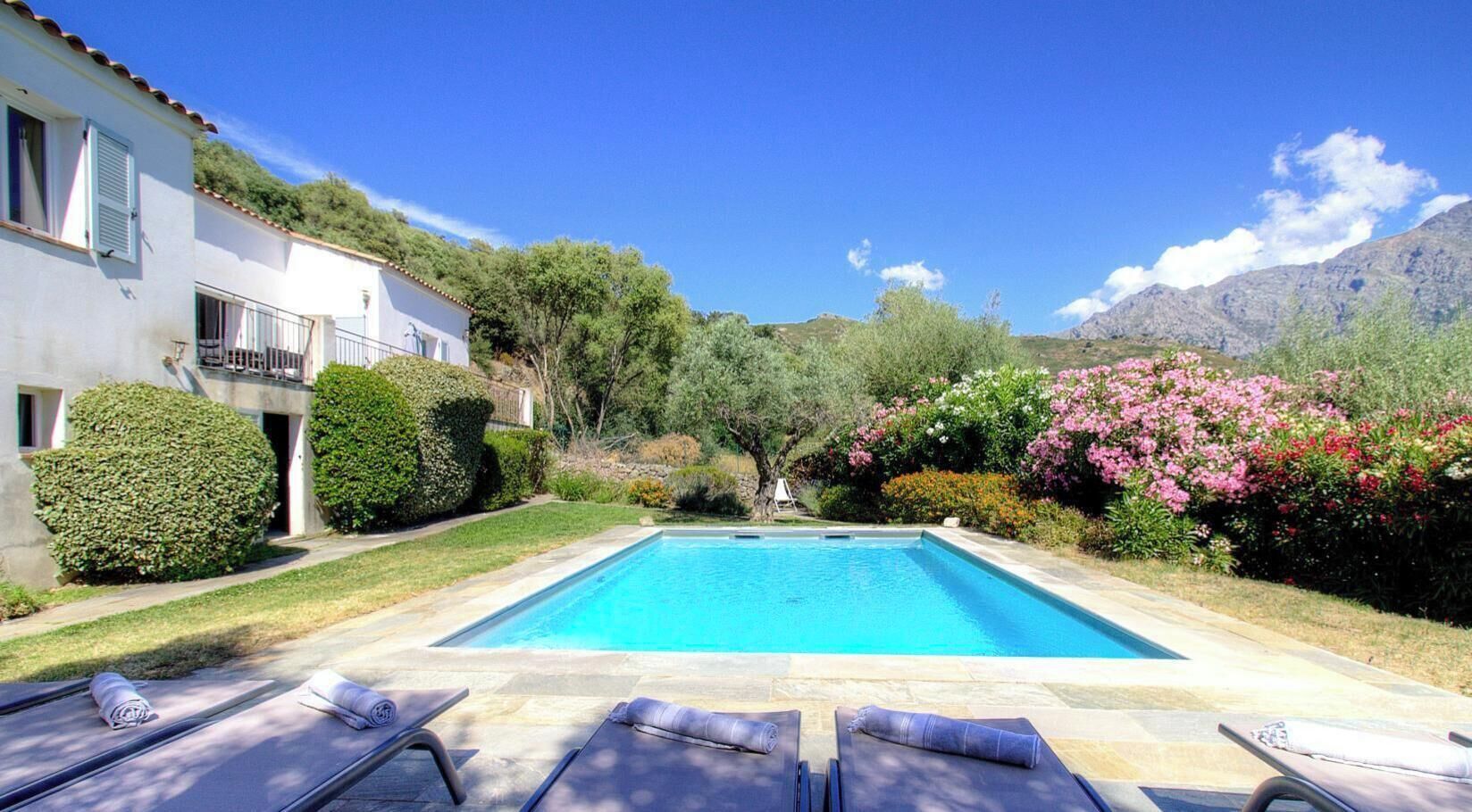 A rectangular swimming pool with lounge chairs and a white building with shutters.
