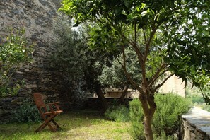 A stone wall, a wooden chair, and a tree in a garden area. - Casa Formosa - PENTA DI CASINCA (PENTA DI CASINCA)