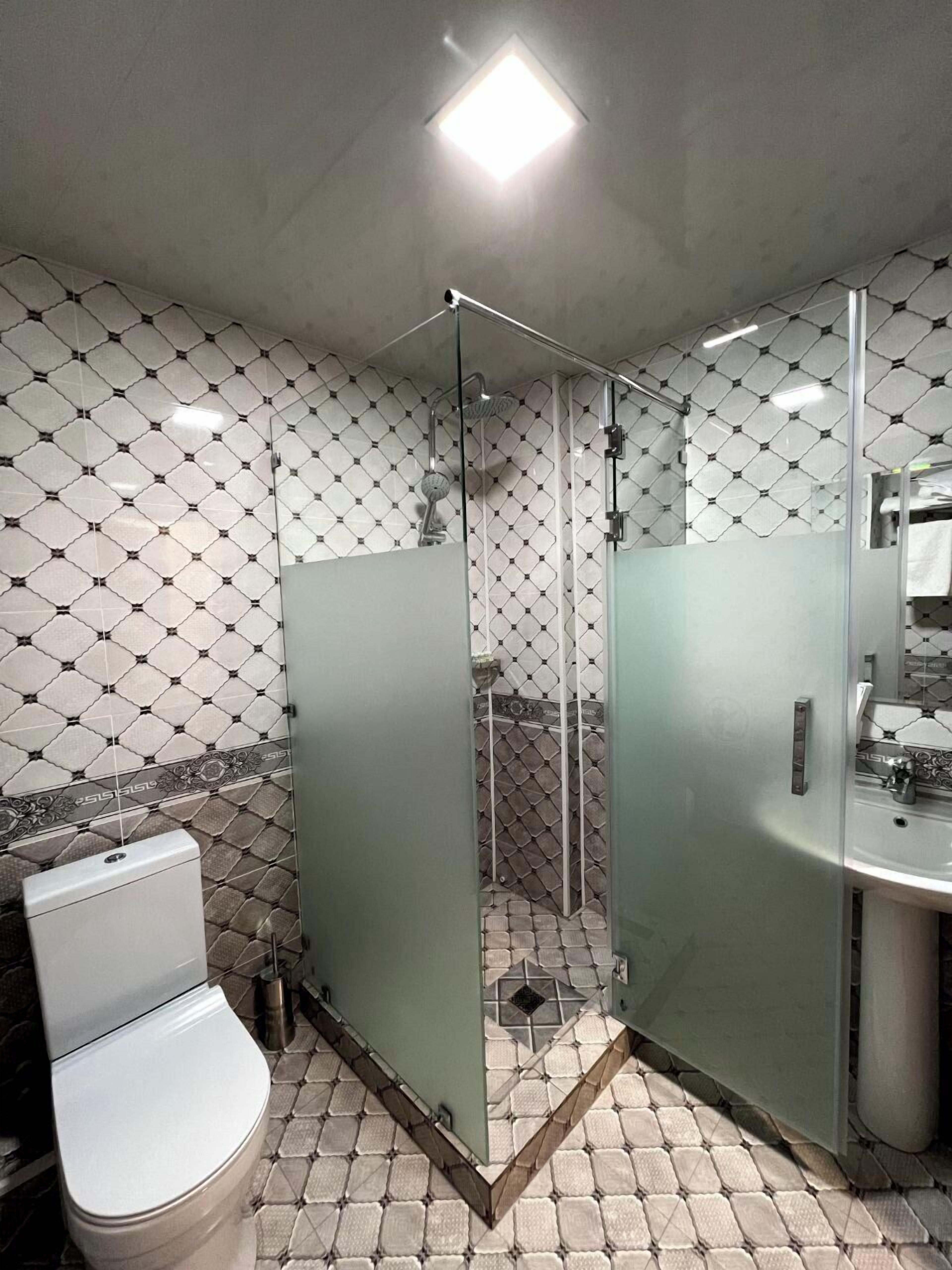 A modern bathroom with a glass-enclosed shower, a toilet, and a sink.