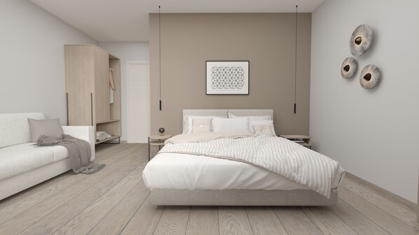 A modern bedroom with a bed, a nightstand, a wardrobe, and a wall-mounted light fixture.