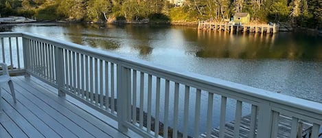Una terraza de madera con barandilla que da a un lago tranquilo, rodeada de árboles y edificios.