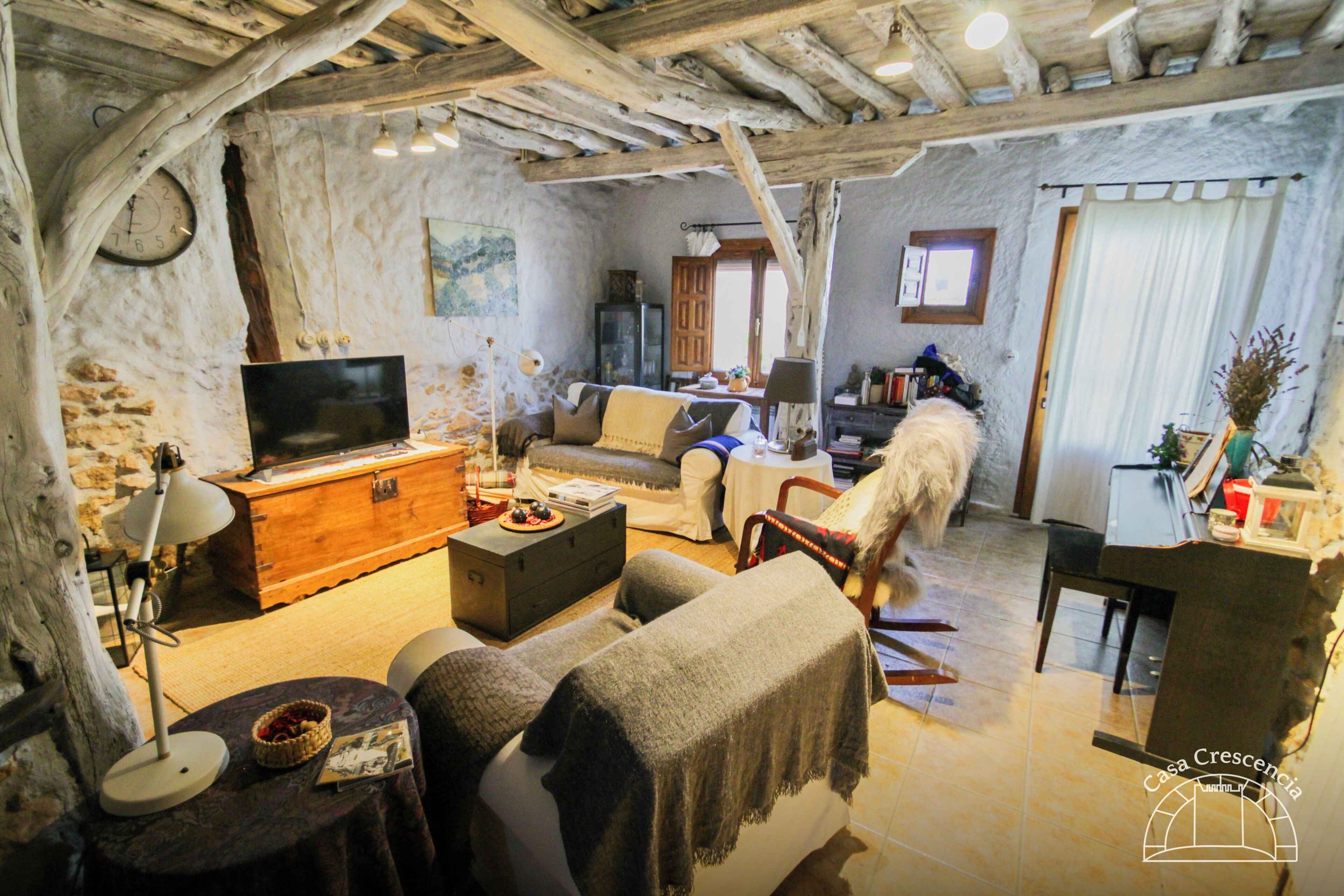 TV connectée, cheminée, livres