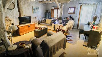 TV connectée, cheminée, livres