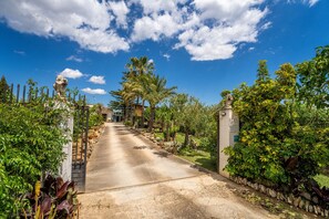 A pathway leading to a building with a stone lion statue on the left, surrounded by lush greenery and a clear blue sky. - Finca with pool Can Pintat in Mallorca (Llubi)