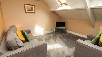 Una sala de estar con un sofá gris, un televisor de pantalla plana y un ventilador de techo.