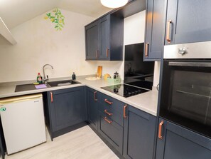 A compact kitchen with dark cabinets, a dishwasher, a stove, and an oven. - The Loft Apartment @ The Stag Inn (Maryport)