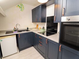 A compact kitchen with dark cabinets, a dishwasher, a stove, and an oven.