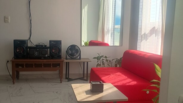 Olohuoneessa on punainen sohva, seinälle asennettu televisio, puinen pöytä ja ruukussa oleva huonekasvi.