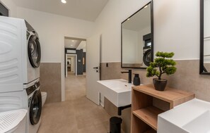 Ein modernes Badezimmer mit Waschmaschine, Waschbecken, Spiegel und einer Topfpflanze.