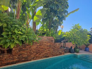 A pool surrounded by lush greenery, a stone wall, and a Buddha statue. - Algarve Stunning Villa by Homing (Faro)