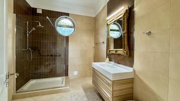 A modern bathroom with a walk-in shower, a bathtub, a vanity with a mirror, and a toilet.