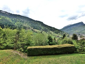Ländliche Landschaft mit Hecke, Bäumen und einem weit entfernten Dorf.