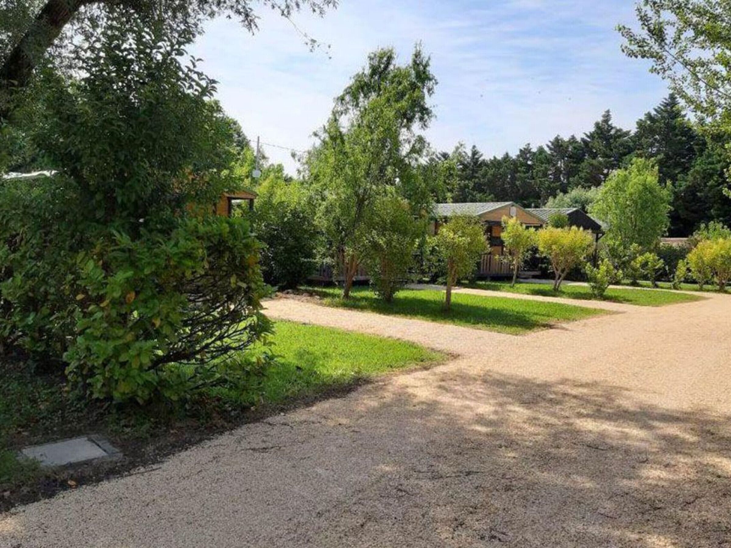 Une allée de gravier mène à un bâtiment entouré d’arbres et de verdure.