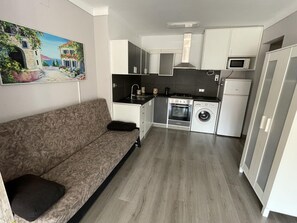Eine kleine Küche mit einer Couch, einer Waschmaschine, einer Mikrowelle und Schränken.