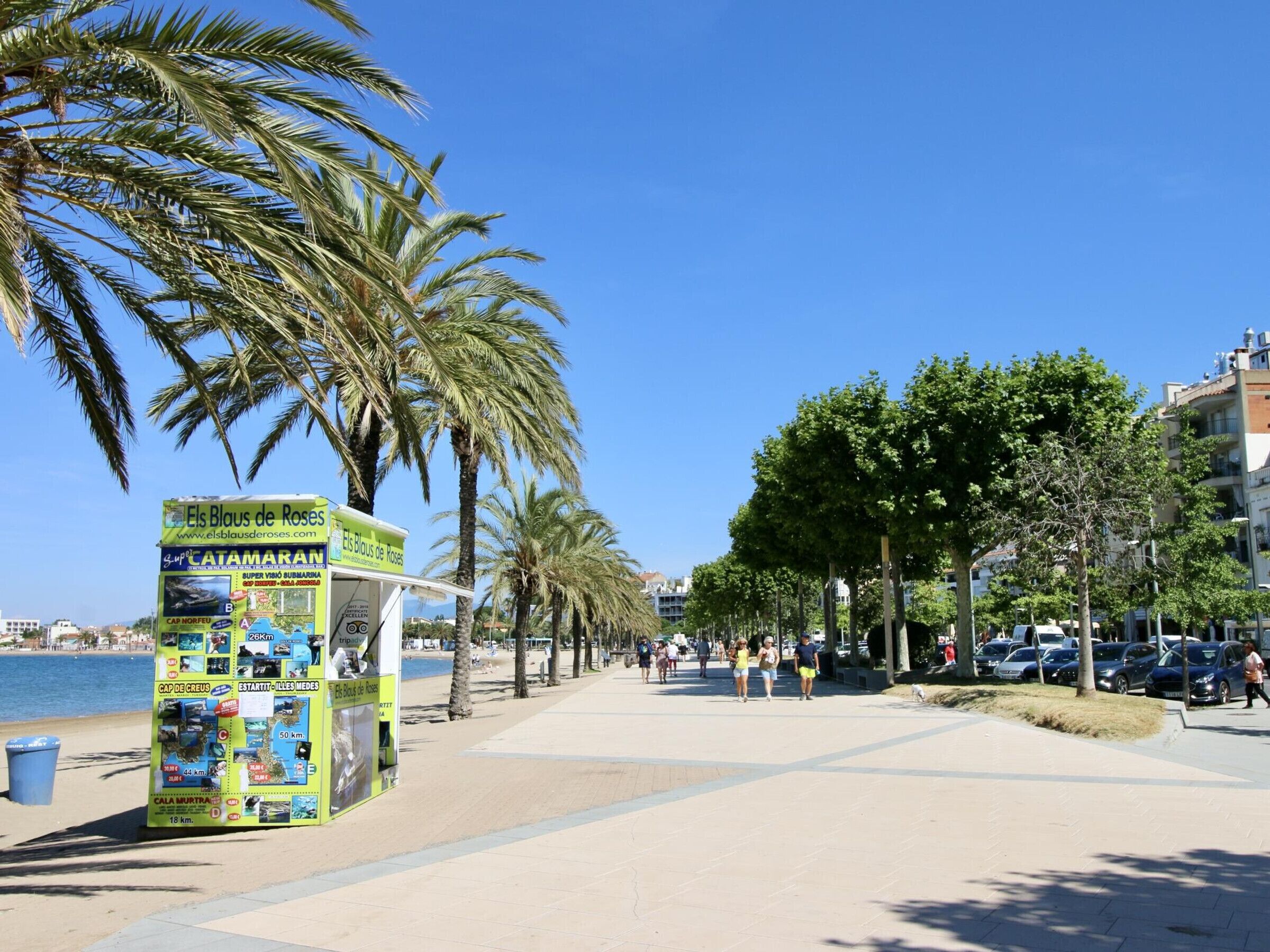 A kiosk with maps and information on the beach, palm trees, and a clear blue sky.