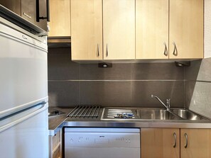 A kitchen with stainless steel appliances, wooden cabinets, and a dishwasher. - Spacious studio with WiFi, view - 4-5 guests (Les Orres)