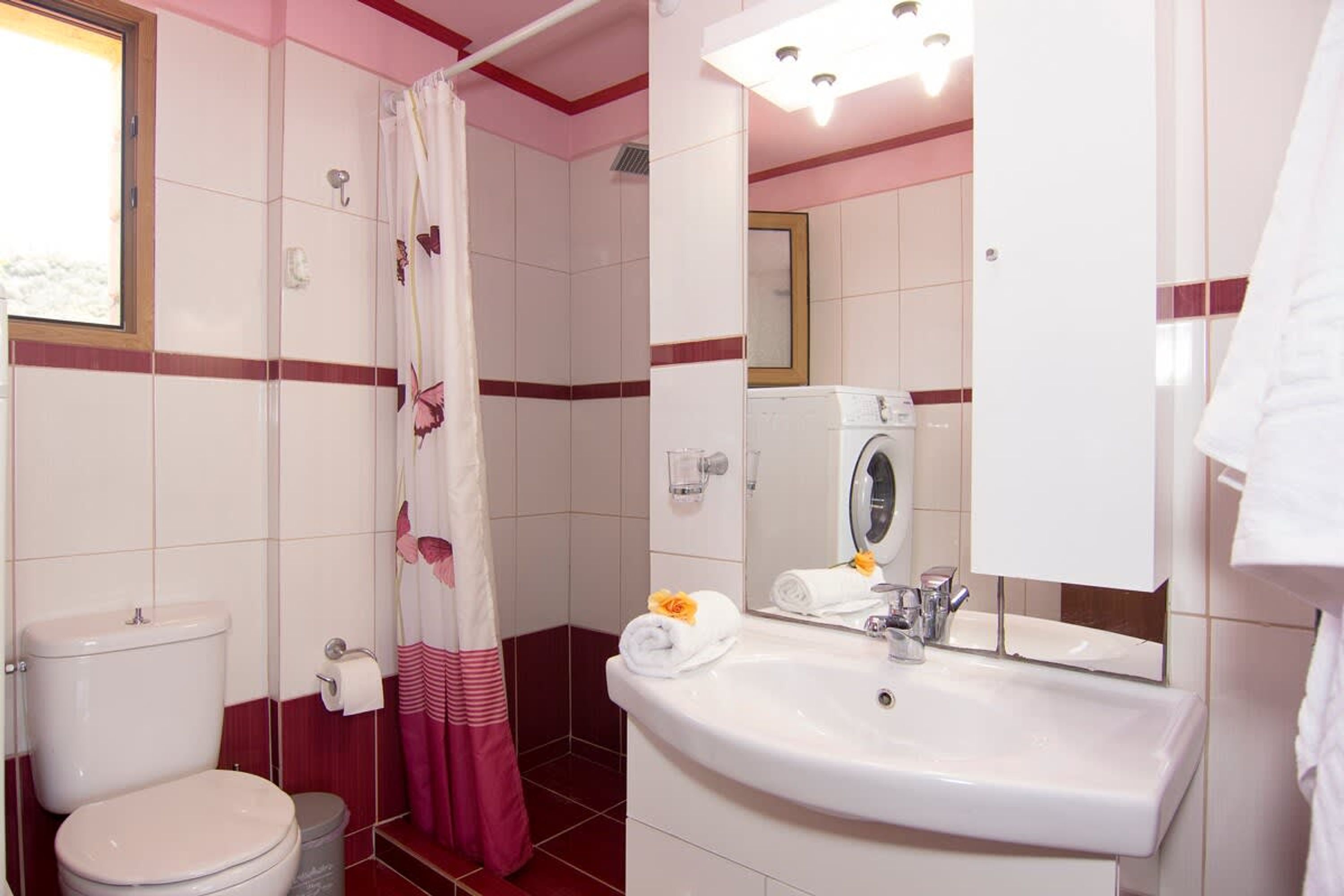 Ein Badezimmer mit Toilette, Dusche, Waschbecken und Spiegel.