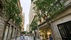 Uma rua para pedestres, arborizada e com edifícios, incluindo uma loja com manequins.