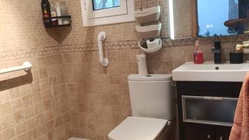 Een badkamer met toilet, bidet en douche.