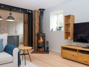 A modern living room with a wood-burning stove, a television, and a kitchen area in the background. - Duke's Barn (Totnes)