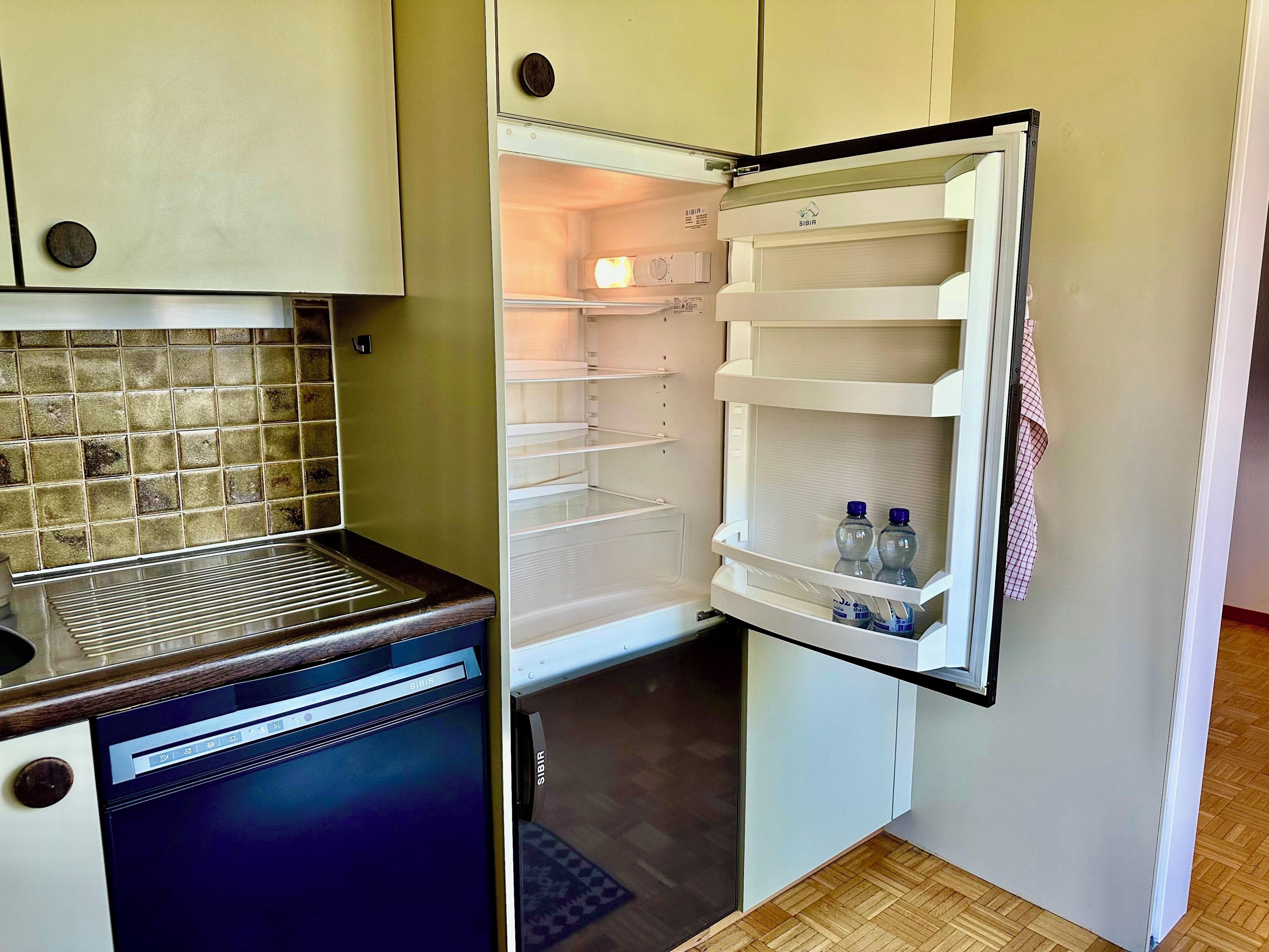 Una cocina compacta con lavavajillas, refrigerador y salpicadero de azulejos.