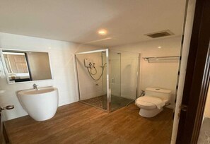 Un baño con un lavamanos grande, un inodoro, cabina de ducha y un espejo.