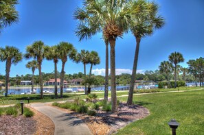 A pathway leading to a body of water with palm trees and a marina in the background. - Direct Intracoastal Waterway condo in Canopy Walk #745! (Palm Coast)
