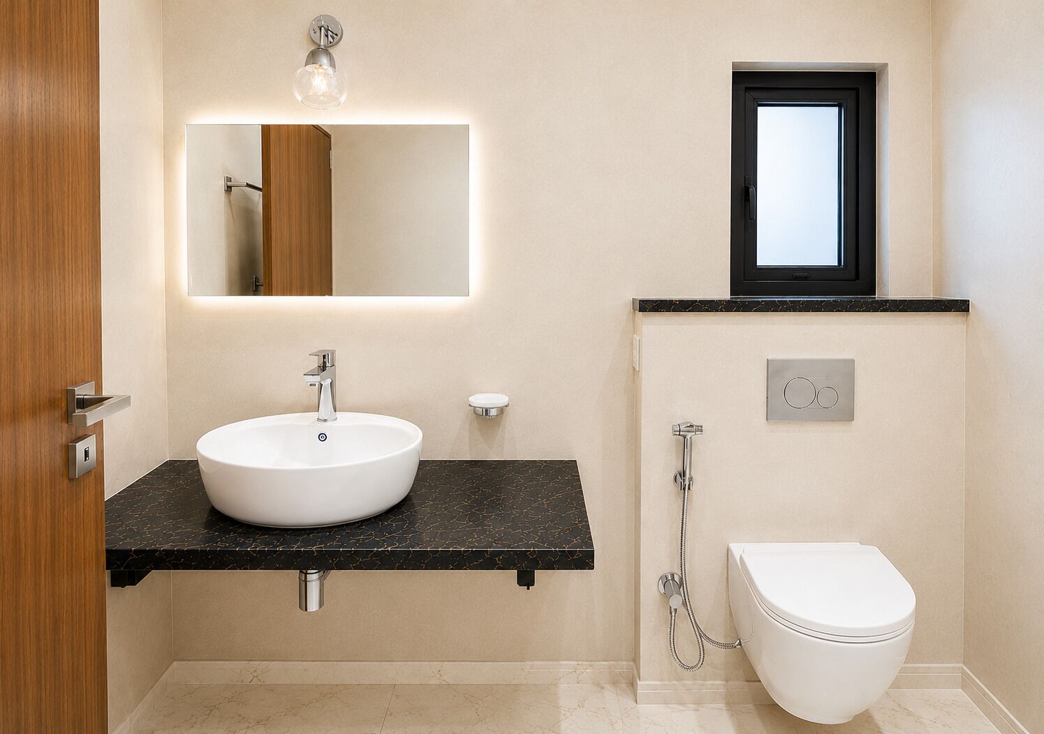 Un bany modern amb un lavabo blanc, un mirall, un vàter i una dutxa.