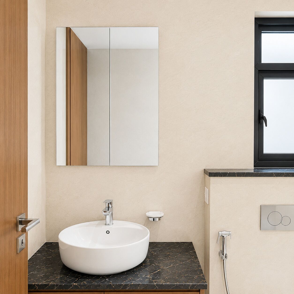 A bathroom with a white sink, a mirror, a window, and a marble countertop.
