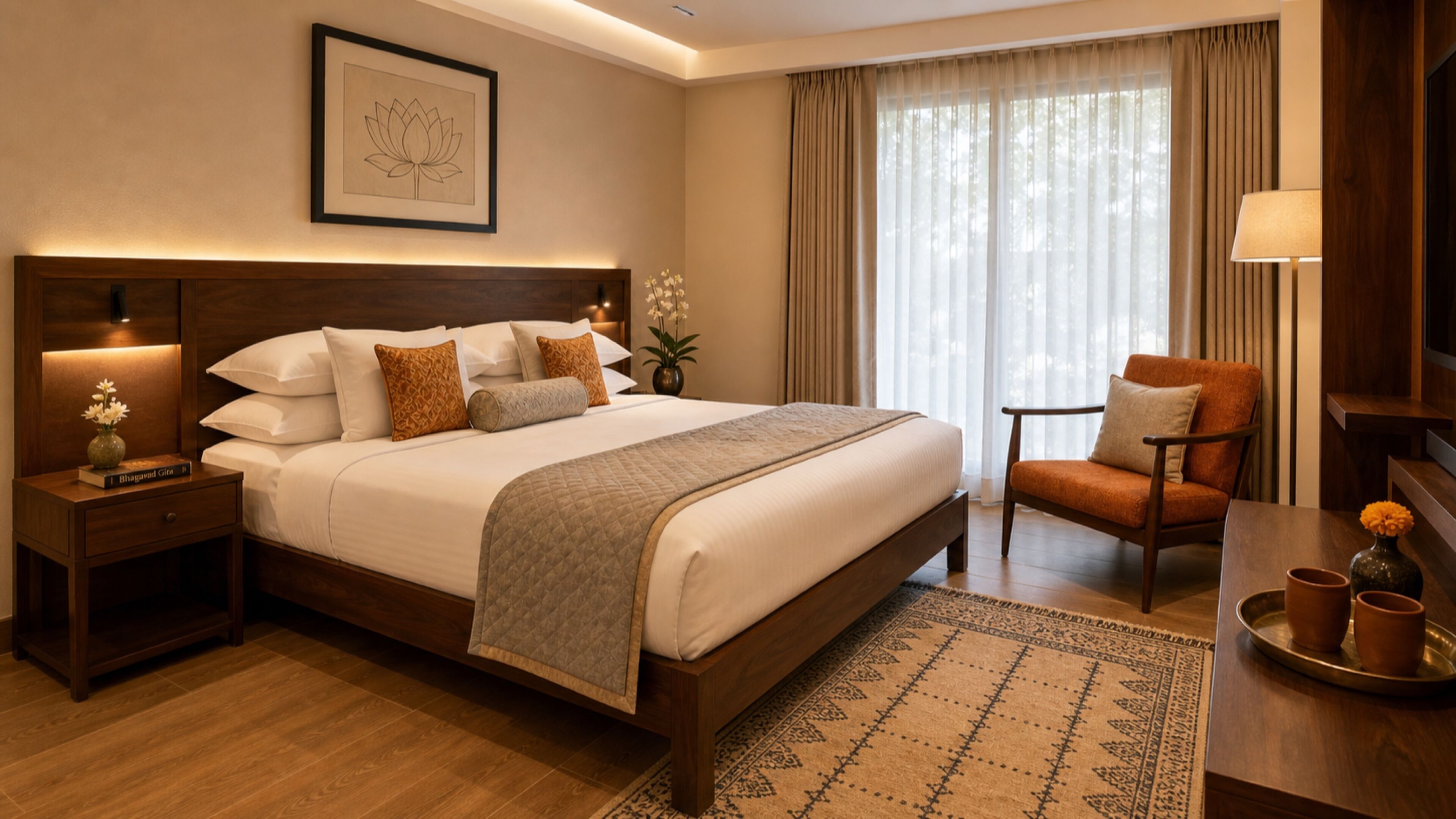 A hotel room with a large bed, bedside tables, a chair, a desk, and a window with curtains.