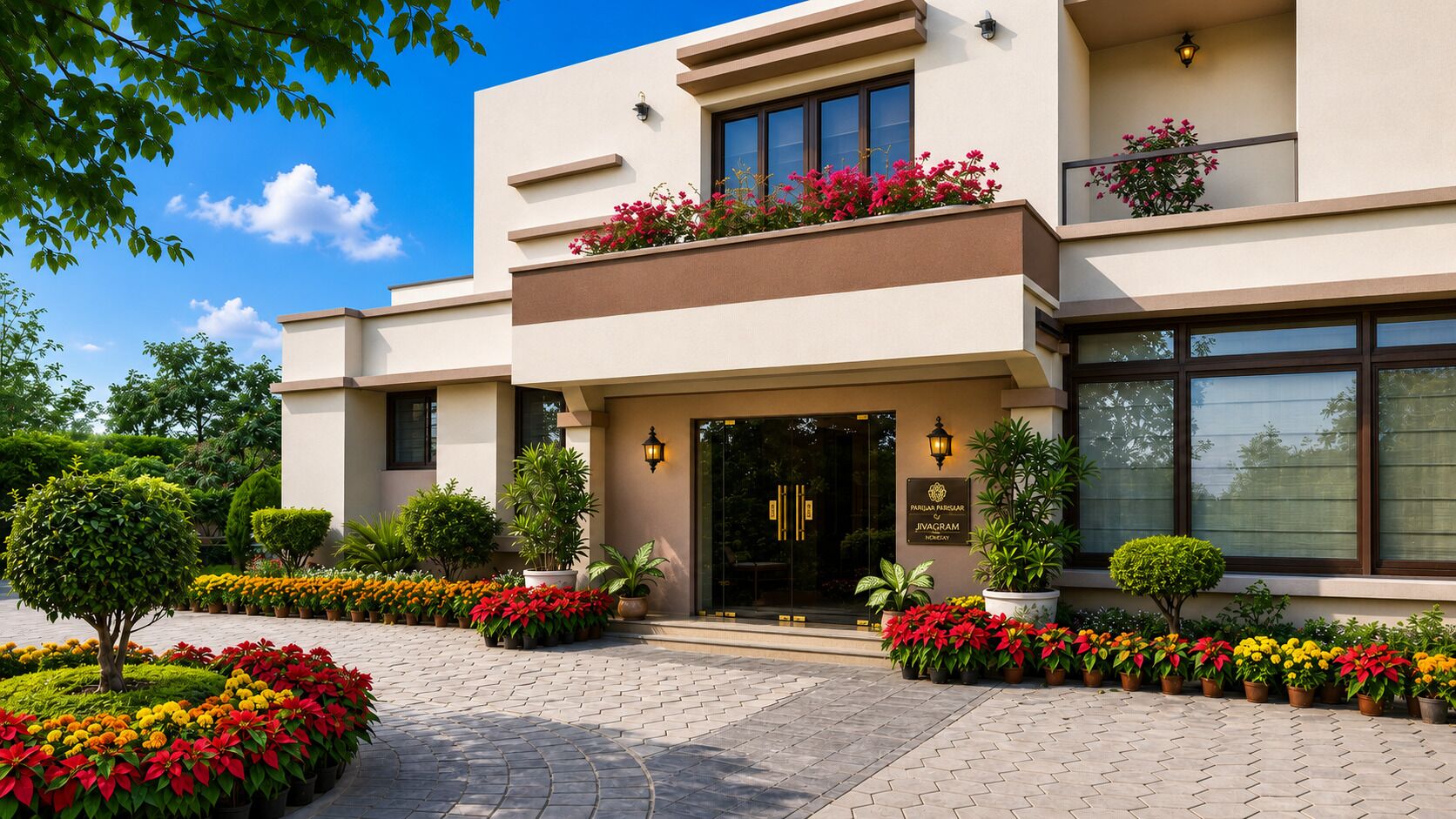 A modern hotel entrance with a paved driveway, potted plants, and a clear sky.