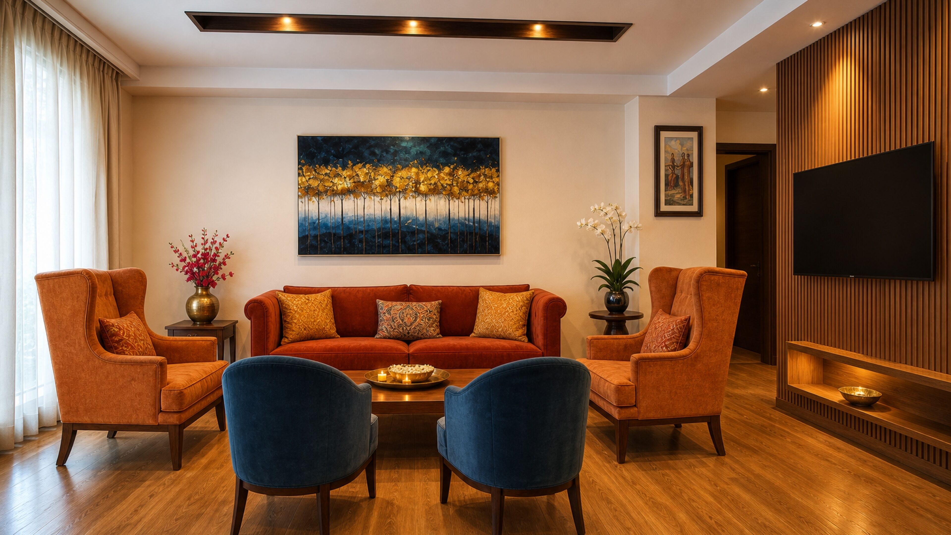 A modern living room with a sofa, two armchairs, a coffee table, and a flat-screen TV.