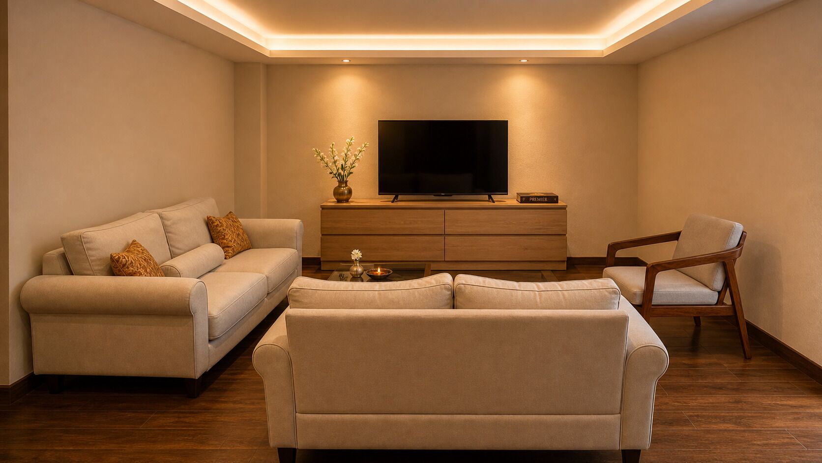A living room with a sofa, a chair, a TV, and a wooden cabinet.