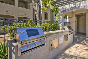 An outdoor grill with a digital display, a gas valve, and a vent. - Mtn Views & Pool Access! Scottsdale Golf Retreat (Scottsdale)