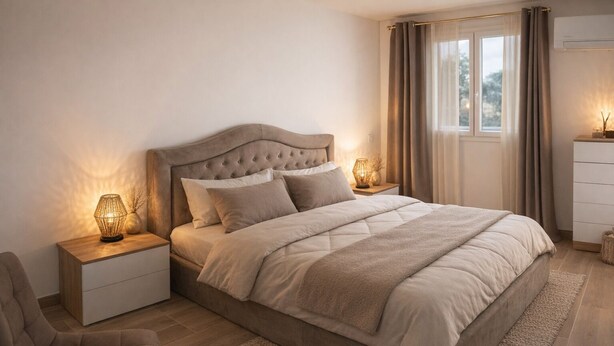 Een slaapkamer met een gestoffeerd hoofdeinde, een bed met een gewatteerde spreideken, twee nachtkastjes met lampen, een stoel en een raam met gordijnen.
