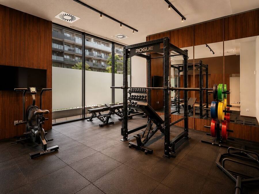 A gym with a Rogue squat rack, weight plates, and an exercise bike.