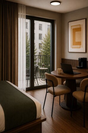 Premium Studio, Balcony | Minibar, in-room safe, desk, laptop workspace