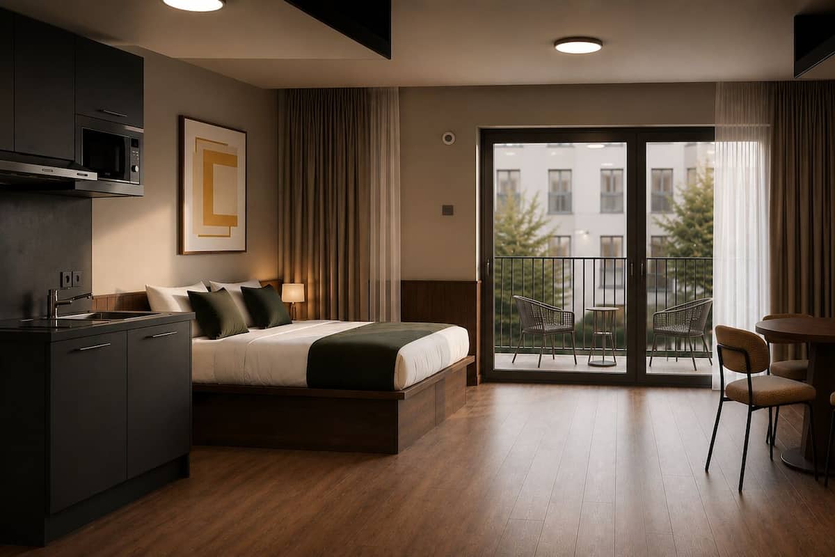 Habitación de hotel con cama, pequeño espacio de cocina, balcón con sillas y televisión montada en la pared.