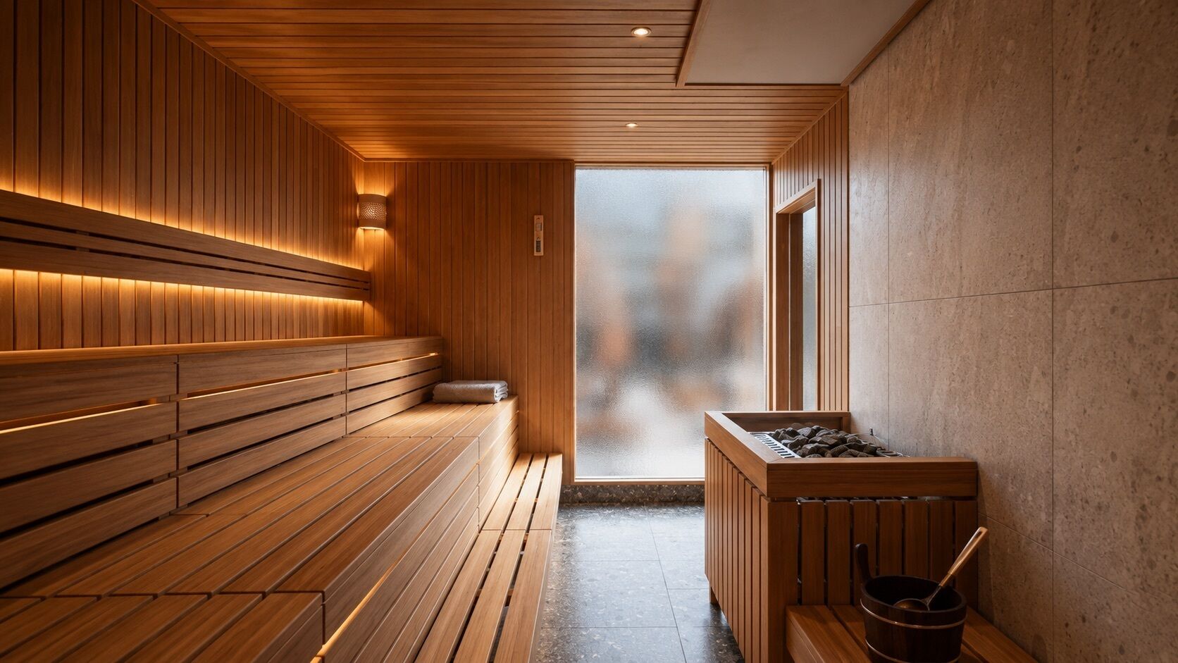 Sauna amb seients de fusta, una cadira de pedra i una taula de fusta amb un cubet.