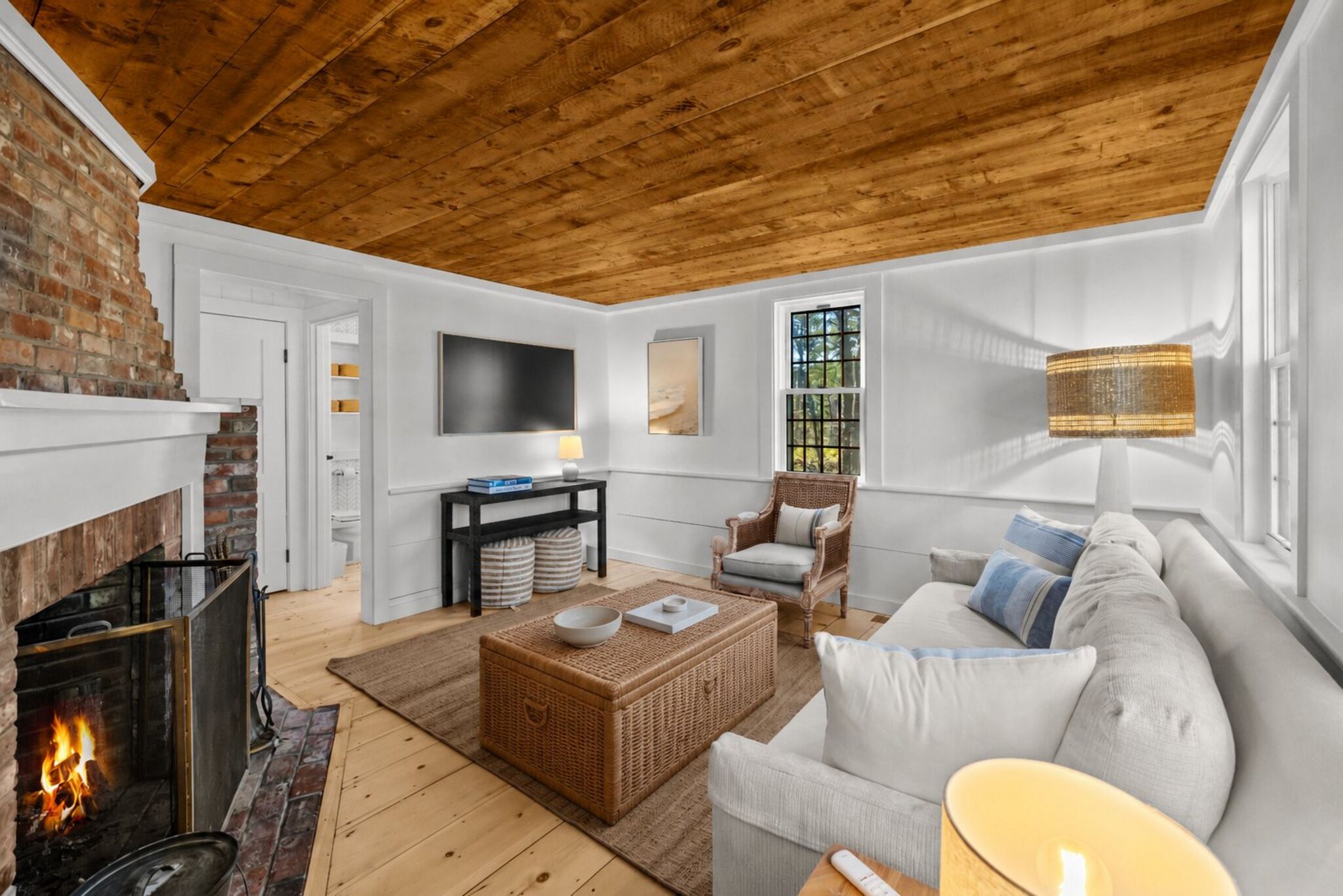 Smart TV, fireplace, books, stereo