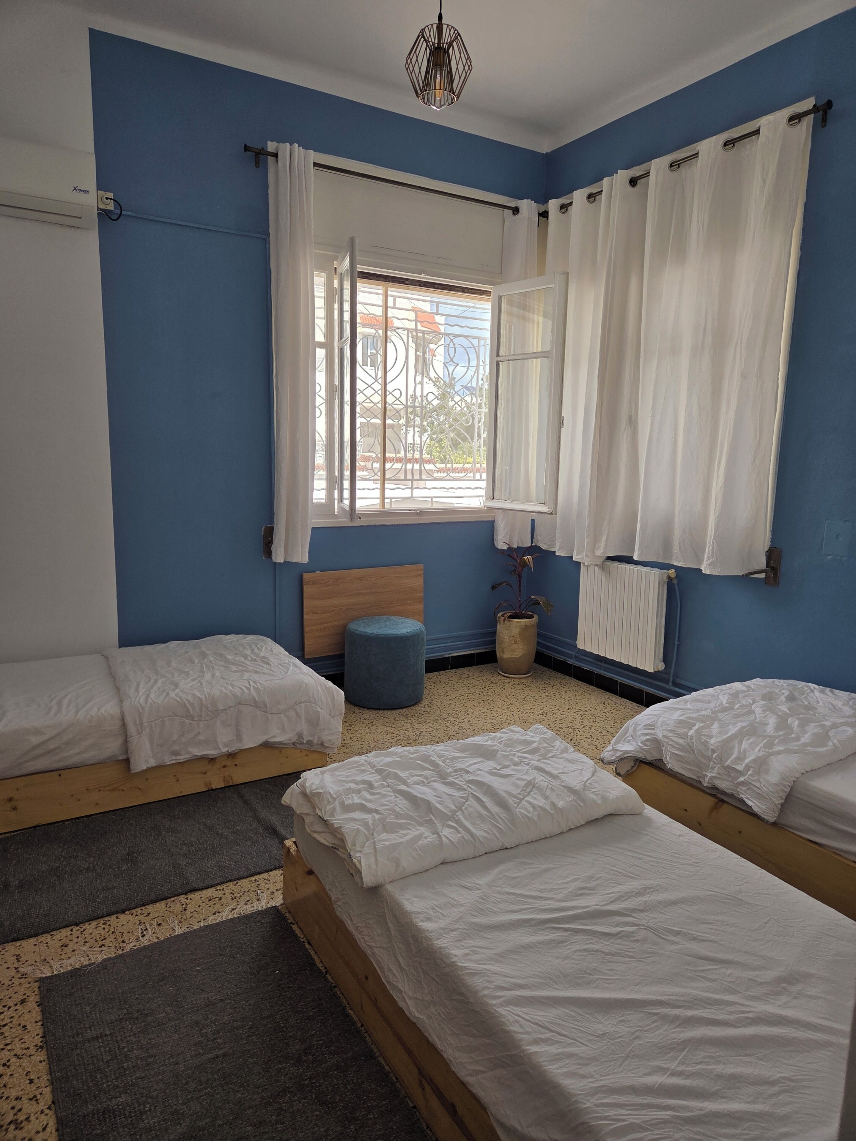 A room with two beds, a window with curtains, a radiator, a potted plant, and a ceiling light fixture.
