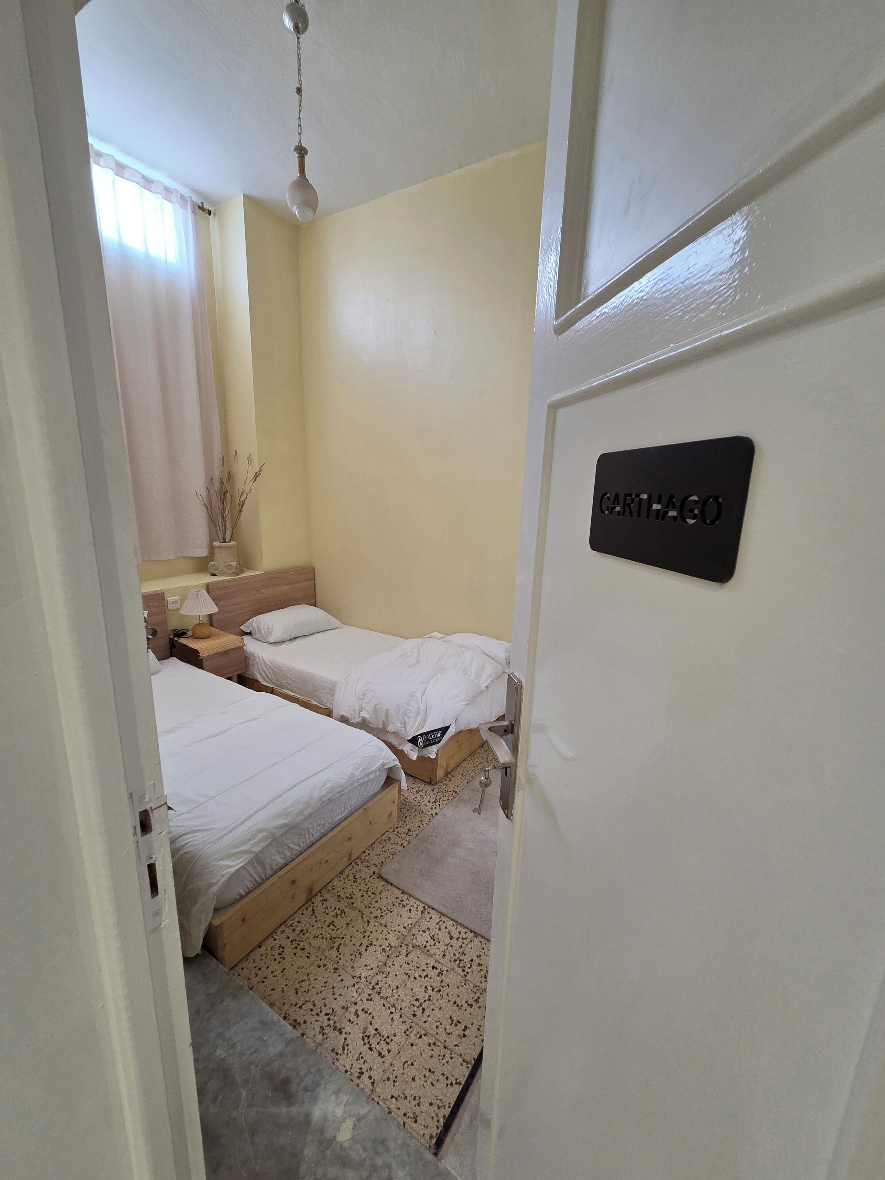 A hotel room with two single beds, a small bedside table with a lamp, a potted plant, and a door labeled 'CARTHAGO'.