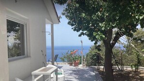 Um pátio com mesa e cadeiras, um vaso de planta e vista para o mar.