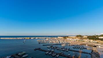 Uma marina com barcos atracados, um cais que se estende sobre a água e edifícios ao fundo.