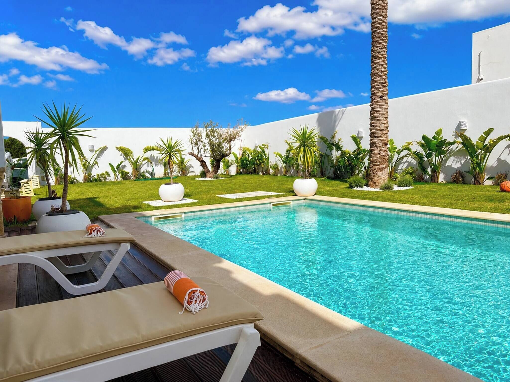 A swimming pool with lounge chairs and palm trees.