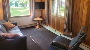 A cozy room with a wooden ceiling, a sofa, a chair, a television, and a window with curtains. - Pine Haven (Mercer)