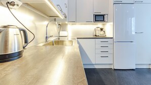 A modern kitchen with stainless steel appliances, a sink, and white cabinetry. - Levin Kotka E1 & E2 -  United Apartments (Kittilä)
